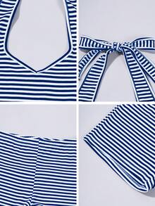 Women's Two Pieces Sports And Leisure Home Halter Vest Shorts Color Striped Suit - Dark Blue With White Stripes - View 11