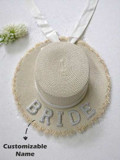 1 pieza Sombrero de paja de ala ancha con lazo decorativo y letra personalizada con perla, ideal para verano, playa, viajes, vacaciones, festivales, bodas, cumpleaños, aniversarios, luna de miel, despedida de soltera, regalo para ducha nupcial