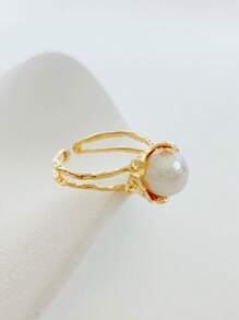 1pc Handmade Baroque Style Irregular Pearl Ring, Silver Vintage Stacking Rings For Women Everyday Wear