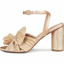 Womens Heeled Sandals Pleated Bow Knot Ankle Strap Open Toe High Block Chunky Heels Sandals Bridal Wedding Dress Shoes Pumps - A金(3.14吋) - 查看 9