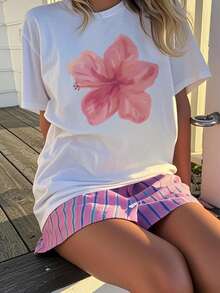 1pc Girls' Casual Printed Round Neck Short Sleeve T-Shirt, Summer Student Youth Apparel - Artistic Style T-Shirt Inspires Imagination And Self-Expression - White - View 6