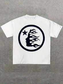 Plus Size Men's,Flame Formed Human Face Pattern Print,(1 Pcs )100% Cotton Casual Printed T-Shirt,Crew Neck Short Sleeve,220g  Cotton T-Shirt,For Going Out,Gift,Summer,Unisex - 白色 - 查看 1