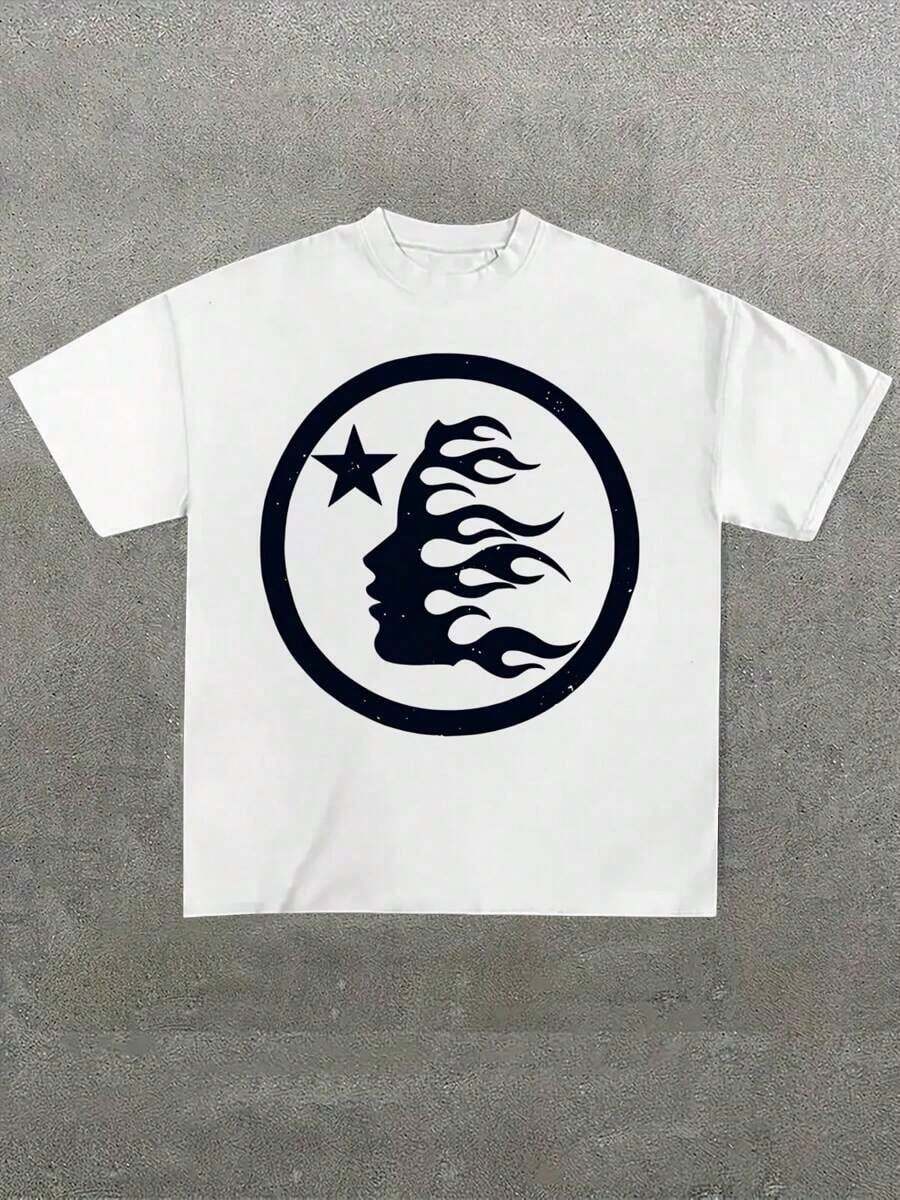 Plus Size Men's,Flame Formed Human Face Pattern Print,(1 Pcs )100% Cotton Casual Printed T-Shirt,Crew Neck Short Sleeve,220g  Cotton T-Shirt,For Going Out,Gift,Summer,Unisex - 白色 - 查看 1