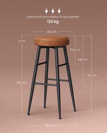 EKHO Collezione - Sgabelli Cucina, Set da 2 Sgabelli Alti da Bar, Sedie Cucina, Rivestimento con Cucitura, Altezza 76,2 cm, Sala da Pranzo, Facile da Marrone Caramello - Castano - Visualizzare 9