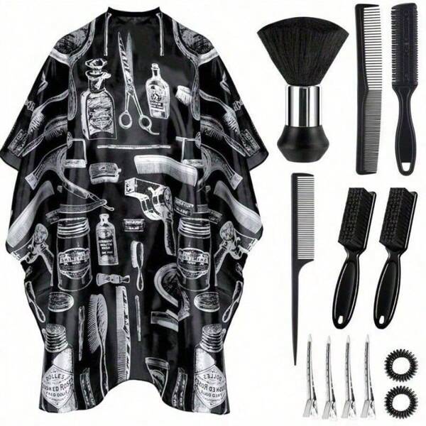 13 en 1 Cape de coupe de cheveux de barbier avec brosse à poussière de cou, brosse de barbier, bandes de cou, peignes à cheveux, pinces à cheveux, accessoires de barbier professionnels et fournitures de nettoyage pour coupe de cheveux et coiffure de salon