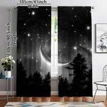 2pcs Starry Night Forest And Moon Pattern Blackout Curtains - Contemporary Peach Light Beige Velvet, 100% Polyester, Bohemian Style, Light Beige, For Living Room, Bedroom, Kitchen, Study, Dining Room (Rod Not Included), Curtains For Living Room