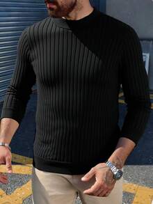 Men's Casual Ribbed Knit Pullover Sweater, Half-High Neck, Minimalist Stylish For Everyday Wear , Fall