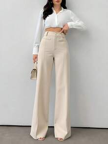 LIU ME Women's Tailored Trousers With Fake Pocket – High Waist And Wide Leg Pants - Màu be - Xem 5