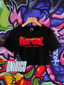 Crop top Hot Girl Ombliguera Hot Girl Camiseta corta  Letras  Dibujos animados    Casual    Ninguno    Escenario y concierto  Noche de fiesta  Playa - Negro - Ver 2