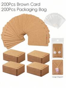 200pcs (100 Cards + 100 Bags) Handmade With Love Necklace Earring Thick Kraft Paper Card With Clear Bag Set, DIY Jewelry Gift Packaging Cards & Pouches - Multicolor - View 6