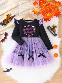 Girls Halloween Dress 4-7 Years Old Long Sleeve Black Top Purple Tulle Tutu Pumpkin Bat Print Young Girl Party Kindergarten Costume - Purple - View 4