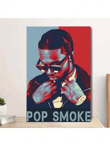 Póster de lienzo enmarcado del rapero Pop Smoke - Arte de pared estiloso, retrato en vibrante azul y rojo con el texto "POP SMOKE", ideal para la decoración del dormitorio, oficina, sala de estar y dormitorio - Enmarcado - Ver 1