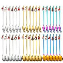 6PCS不锈钢圣诞勺高美咖啡勺甜品勺叉跨境圣诞挂件勺叉手持礼物精美圣诞节咖啡勺水果叉餐具套装 - 彩色 - 查看 1