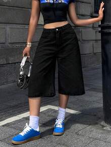 Women's Y2K Loose Fit Wide Leg Seven-Point Denim Jeans Pants With Butterfly Embroidery Pockets - Black - View 4