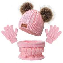 3pcs/Set Kids Warm Heart Knitted Cap Set, Fashion Cold Proof Outfit For Autumn/Winter - Solid Color Leather Label 3 Piece Set - View 4