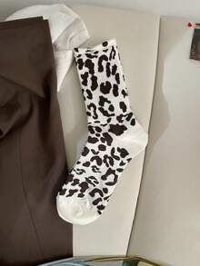 1 Pair Leopard Print Socks, Women's Mid-Calf Socks, Brown Leopard Print Pile Socks, Grey Long Socks, Sporty Socks, Women's Matching German Training Shoes - Multicolor - View 11