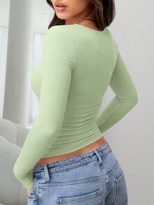 Women's Solid Color T-Shirt, Elegant And Versatile Long-Sleeve Fitted Top, Round Neck Design, Suitable For Sports And Daily Wear - 淡綠色 - 查看 5