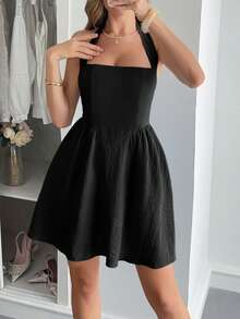 Unadoll 女士露肩露背拉链短款休闲连衣裙，适合海滩、日常穿着、返校、音乐节等场合。 - 黑色 - 查看 1