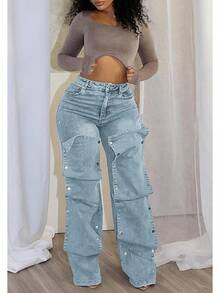 Women Cargo Jeans High Waisted Straight Wide Leg Jeans Pants Button Detachable Denim Cargo Trousers - 01天藍色 - 查看 2