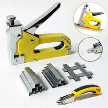 三合一重型手动订书机，配备 300 个订书钉，含起钉器，适用于木板、工艺品、织物 DIY 工具套装，可调功率，金属机身手动订书机，无需插电 - 黃色 - 查看 2