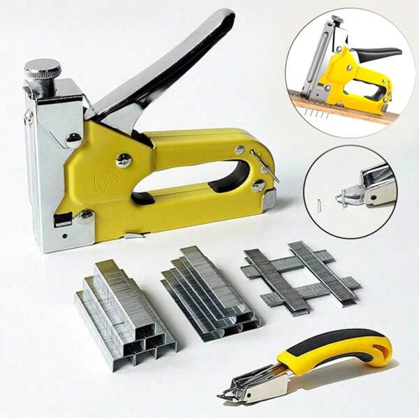 3 In 1 Heavy Duty Manual Staple Gun With 300 Staples, Including Staple Remover, Suitable For Wood Boards, Crafts, Fabric DIY Tool Set, Adjustable Power, Metal Body Manual Stapler, No Need To Plug In