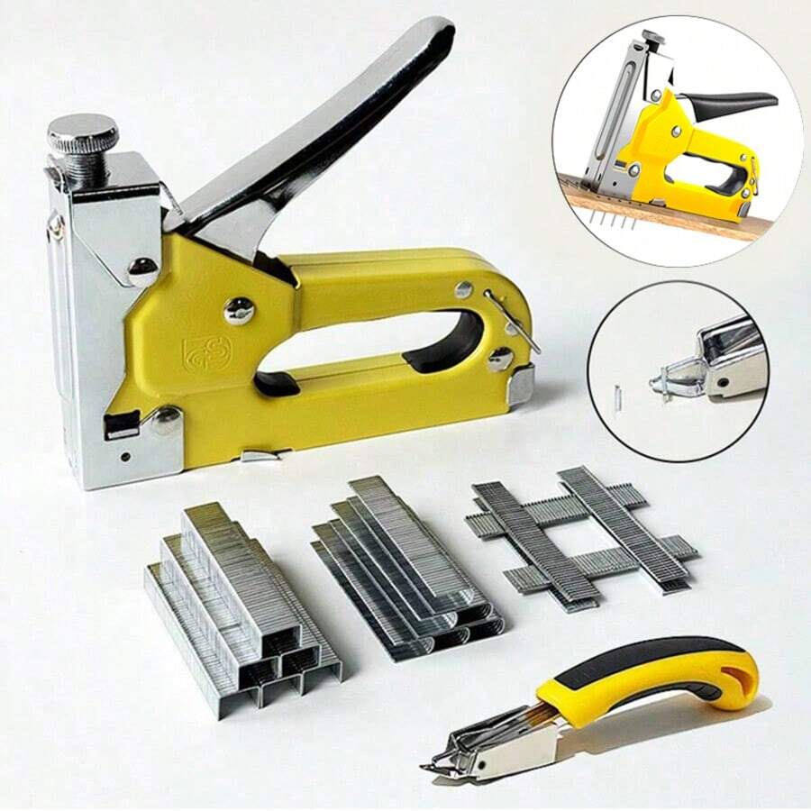 三合一重型手动订书机，配备 300 个订书钉，含起钉器，适用于木板、工艺品、织物 DIY 工具套装，可调功率，金属机身手动订书机，无需插电