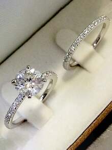 2 件时尚经典锌合金锆石镶嵌圆形戒指套装，适合女性日常佩戴、订婚、派对、婚礼、情人节礼物 - 銀色 - 查看 1