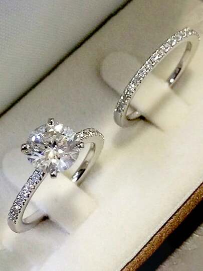 2pcs Fashion Classic Zinc Alloy Zirconia Inlaid Round Ring Set, Suitable For Women Daily Wear, Engagement, Party, Wedding, Valentine's Day Gift