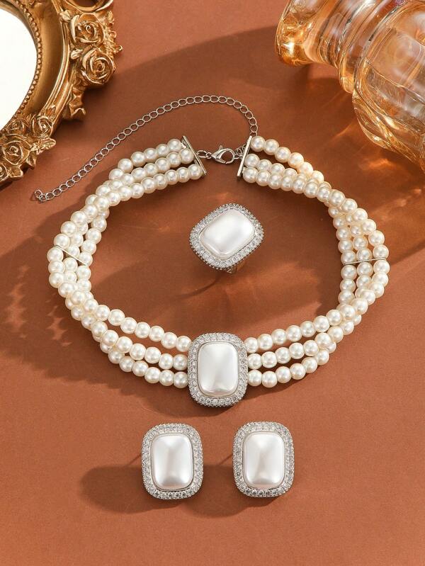 Conjunto de joyería de 4 piezas con collar, aretes y anillo con cristales de imitación y perlas en estilo retro cuadrado, decoración elegante adecuada para vestido de novia, vestido de fiesta y uso diario