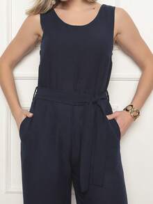 Women's Sleeveless Long Jumpsuit With High Waist Tie Belt And Side Pockets – Elegant And Comfortable - 藏蓝色 - 查看 6