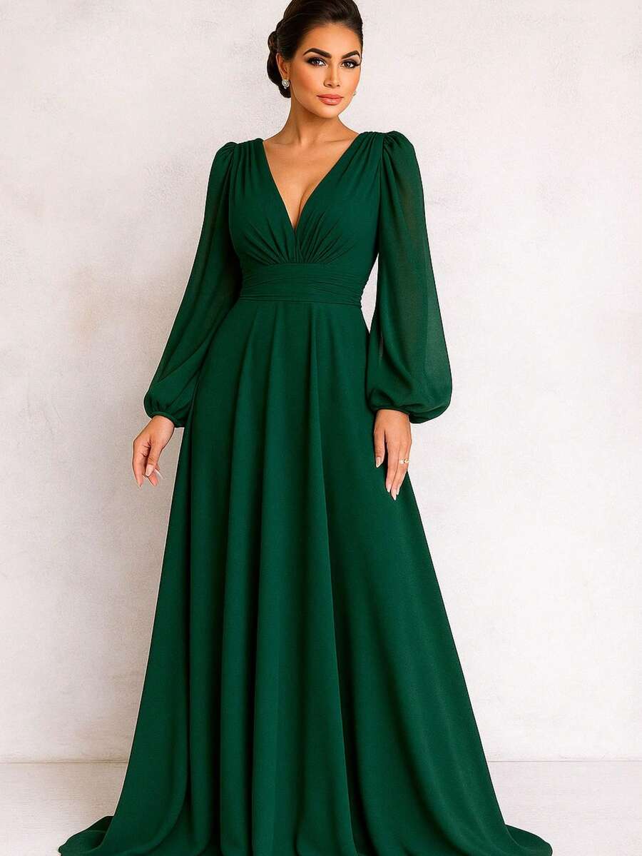 Modest Fashion Long Sleeve Dr Bridesmaid Dress Without Shine Terracotta Navy Rose Olive Marsala Lilac Rose Petrol Or Serenity - 墨綠色 - 查看 1