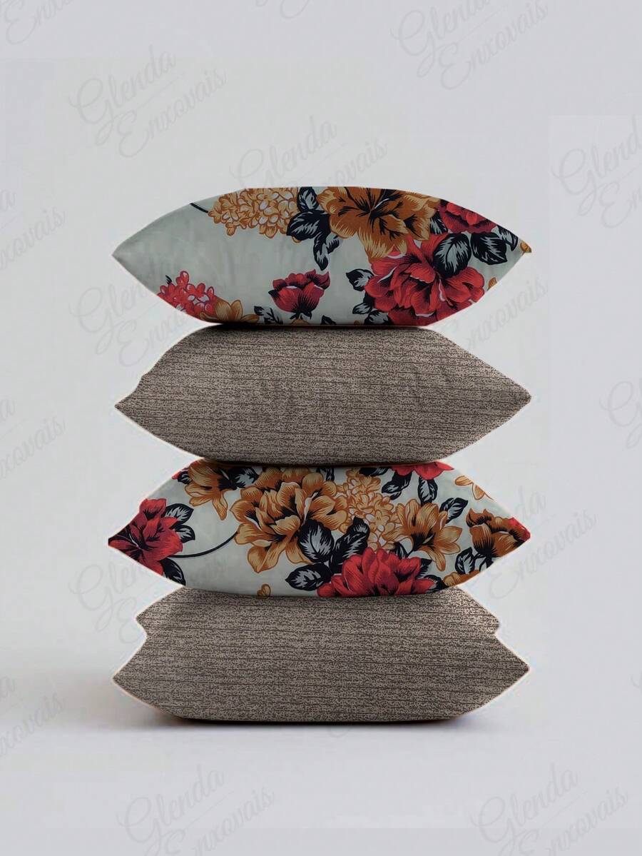 (4 Units) 45x45 Pillow Covers – 2 Plain And 2 Printed – Assorted Colors – AL - Red-beige Floral - View 1