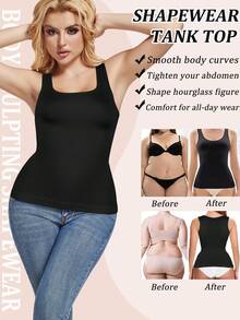 Slimming Women Tummy Control Shapewear Abdomen Compression Camisole Cami Vest Tank Top Body Shaper Ladies Underwear Undershirts Shaping Tops Shirts Wide Shoulder Strap No Pad - Black - View 2