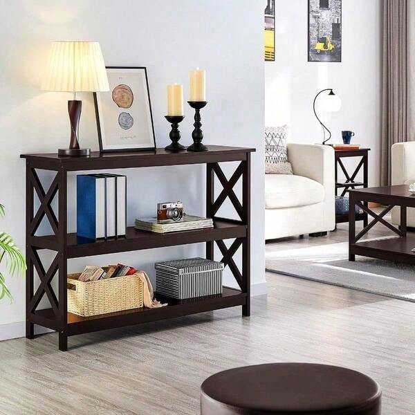 3 Tier Console & Sofa Table With Storage, Narrow Long Entryway Table For Small Space, Espresso Bookshelf, Living Room Accent Furniture