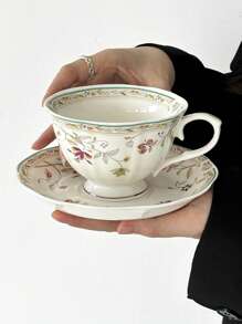 1set (1 Cup + 1 Saucer) Vintage Floral Ceramic Coffee Cup And Saucer Set, Hand-Painted Pink Flower Latte Mug For Office, Home, Afternoon Tea, Gifts Back To School