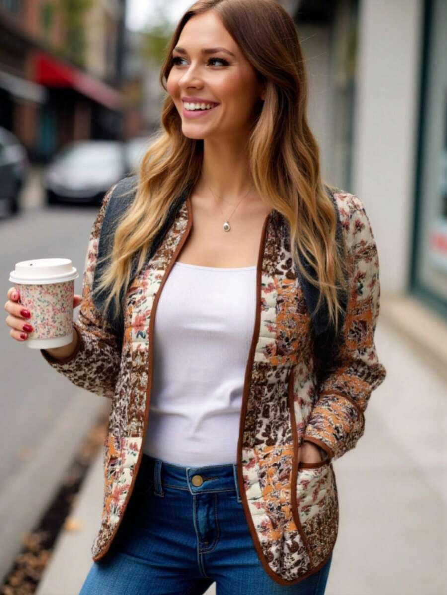 Abrigo acolchado con estampado floral colorido y solapa con botones para mujer, chaqueta corta de manga larga de color contrastante, para usar en otoño, Navidad y almuerzos