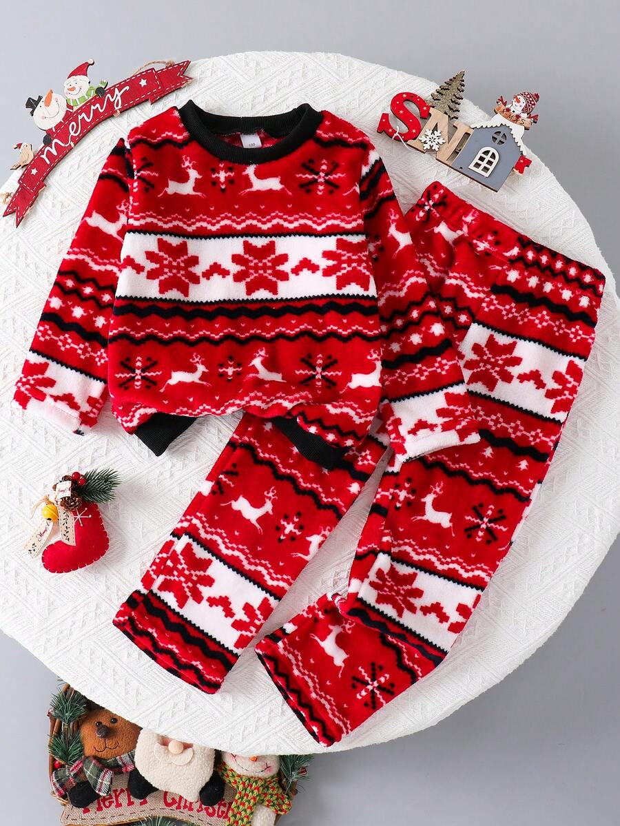 2 pezzi Set di top a maniche lunghe con girocollo e pantaloni con stampa di fiocchi di neve e renne, per bambini di 3-7 anni, adatto per vacanze, casual, studenti