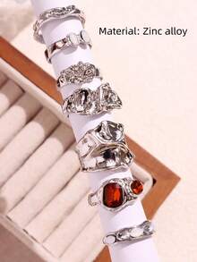 7pcs Vintage Elegant Geometric Cubic Zirconia Inlaid Rings Set, Women Fashion Jewelry For Autumn/Winter - Multicolor - View 2