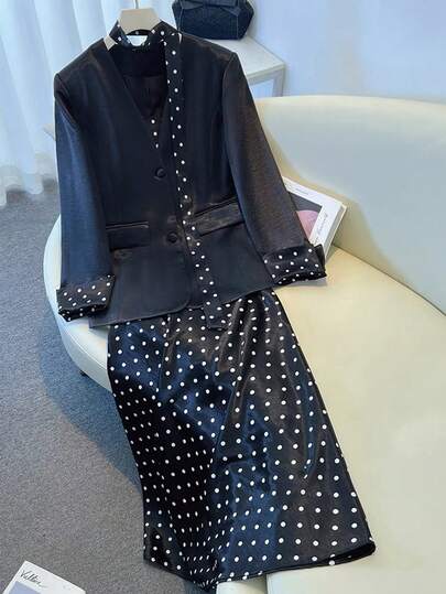 黑色西装七分袖外套波点吊带连衣裙女套装新款春季韩版流行西装两件套