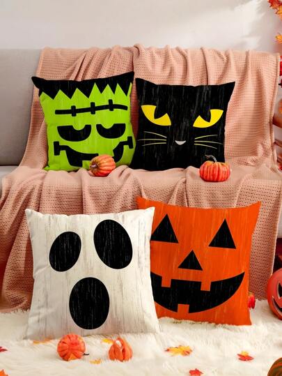 4 piezas/1 pieza Funda de almohada de decoración de fiesta de Halloween estilo retro, funda de cojín con expresión de personaje - impresa con patrones de fantasma, calabaza y gato negro, 18x18 pulgadas | Cierre con cremallera | Material de poliéster duradero | Decoración para sofá, dormitorio y sala de estar, utilizado para decoración de Halloween, suministros para fiestas y decoración del hogar. Sin material de relleno