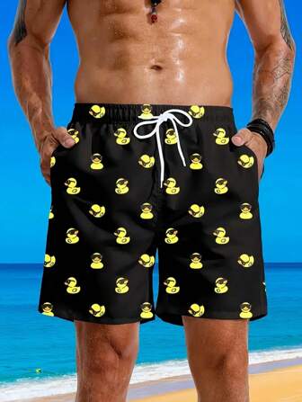 Shorts de playa con cordón en la cintura de estampado de pato para hombres de talla grande, estilo vacacional