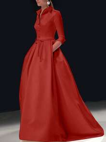 Elegant Solid Color Pocket Collar Dress Spring - Burgundy - View 2