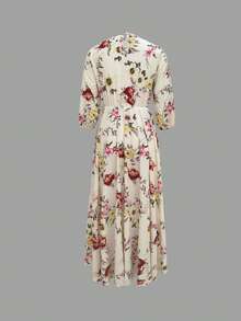 新款时尚优雅花卉印花长袖女长裙春秋季（不含腰带） - 杏色 - 查看 5