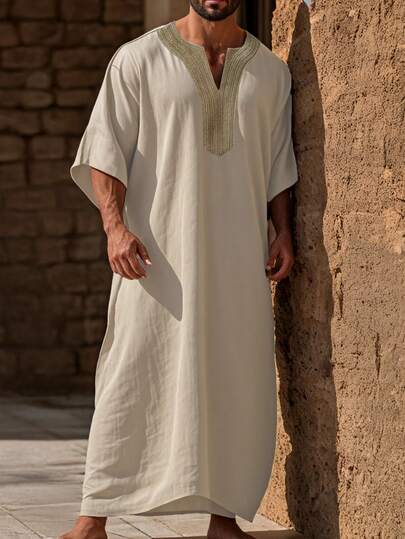 Men's Casual Long Cutout V-Neck Solid Color Soft Woven Fabric Patchwork Embroidered Collar Loose Robe, Versatile For Everyday Wear, Outdoor Activities, Commuting, Fashionable Essential