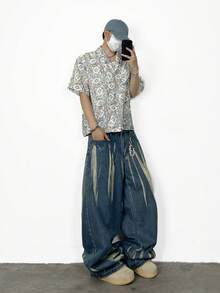 1pc Justice Brother Casual Brand Personalized Distressed Denim Wide Leg Loose Fit Jeans Pants For Men