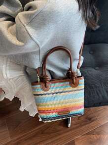 Nuova borsa a tracolla bohémien alla moda, intrecciata e colorata, decorata con etichette con lettere e tracolle indipendenti, adatta per uso quotidiano, vacanze al mare, viaggi e utilizzabile come borsa a spalla casual o a tracolla diagonale da donna