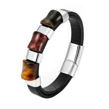 New Fashion Tiger's Eye Stone Chakra Jewelry Charm Stainless Steel Men's Leather Bracelet 100% Natural Stone Bracelet Wholesale