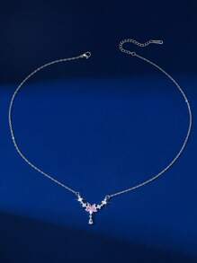1pc Elegant Copper-Inlaid Zirconia Teardrop & Flower Pendant Necklace, Fashionable & Versatile Choker Necklace, Great Gift For Friends