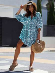 Plus Size Women's Spring And Summer Bohemian Style V-Neck Fashionable Casual Loose Beach Floral Dress Women's Clothing