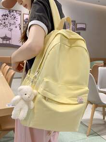 1 pieza Mochila decorativa con diseño de oso de gran capacidad, adecuada para viajes al aire libre, compras, vacaciones, útiles escolares, ligera, portátil, plegable, apta para adolescentes, mujeres, estudiantes universitarios, principiantes y trabajadores de oficina, perfecta para volver a la escuela, primer día de clases, escuela secundaria, preparatoria, actividades al aire libre, viajes, salidas, vacaciones, conciertos - Amarillo - Ver 5